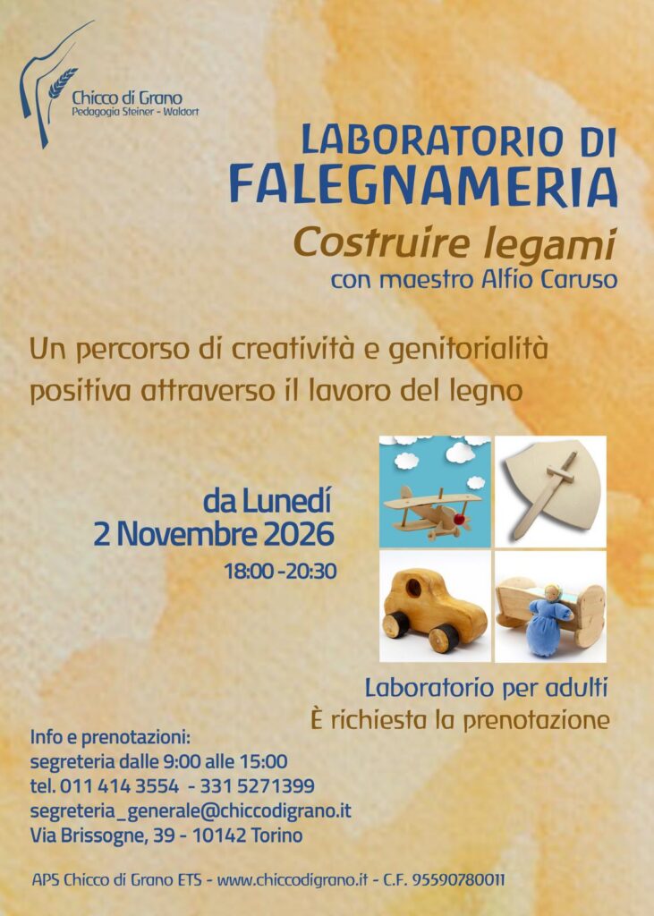 Locandina del laboratorio di falegnameria della Chicco di Grano, con immagini di giocattoli artigianali in legno realizzati per bambini.