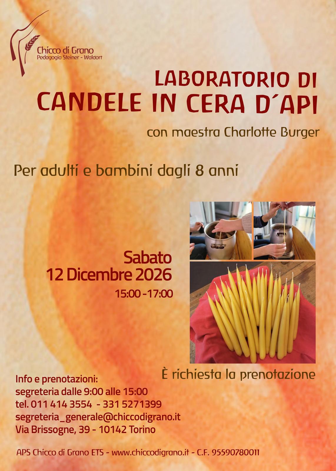 Locandina del laboratorio artigianale di candele della Chicco di Grano, con immagini della lavorazione manuale della cera e delle candele realizzate.