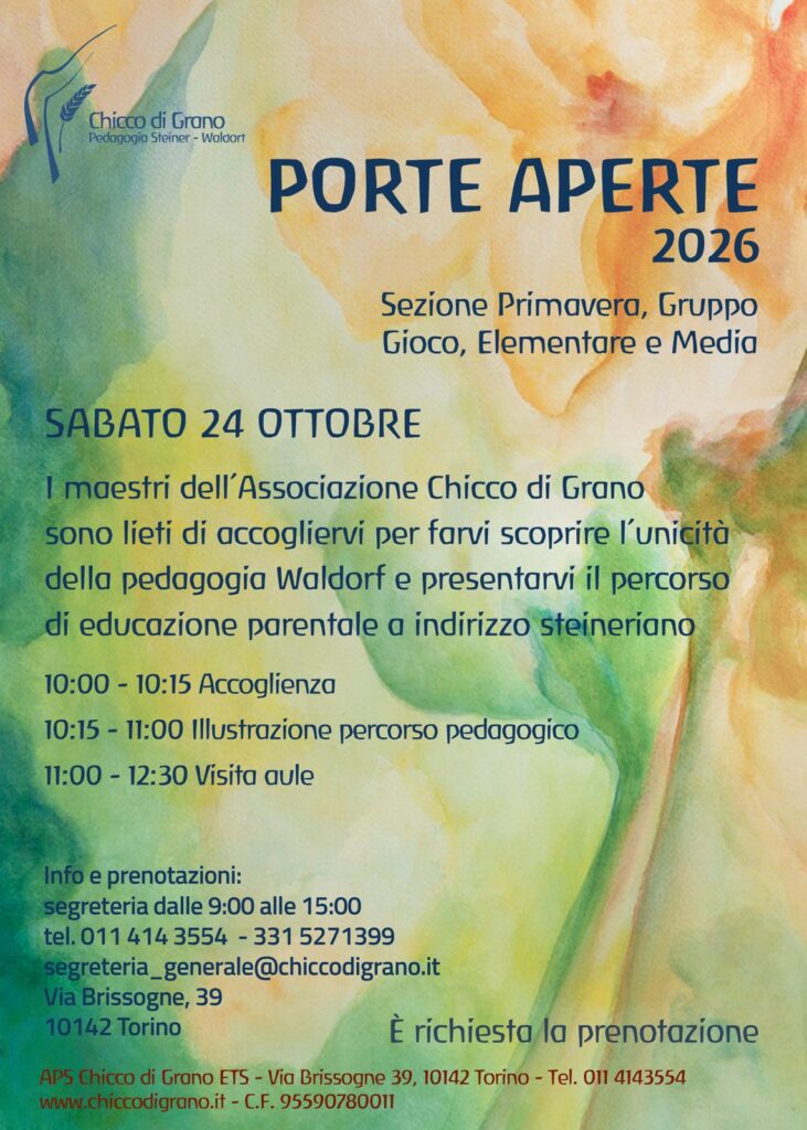 Locandina Porte Aperte 2026 alla scuola Steiner-Waldorf Chicco di Grano di Torino, con invito a conoscere la pedagogia Waldorf e visitare gli ambienti scolastici.